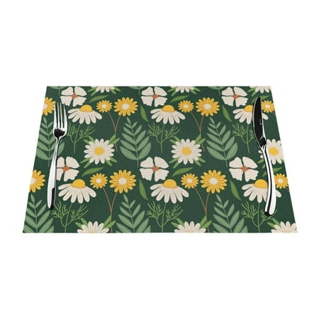 

YFYANG Washable Heat-Resistant Placemats 70% PVC/30% Polyester Green Blooming Daisy Pattern Kitchen Table Mat 12 x 18 6 Piece