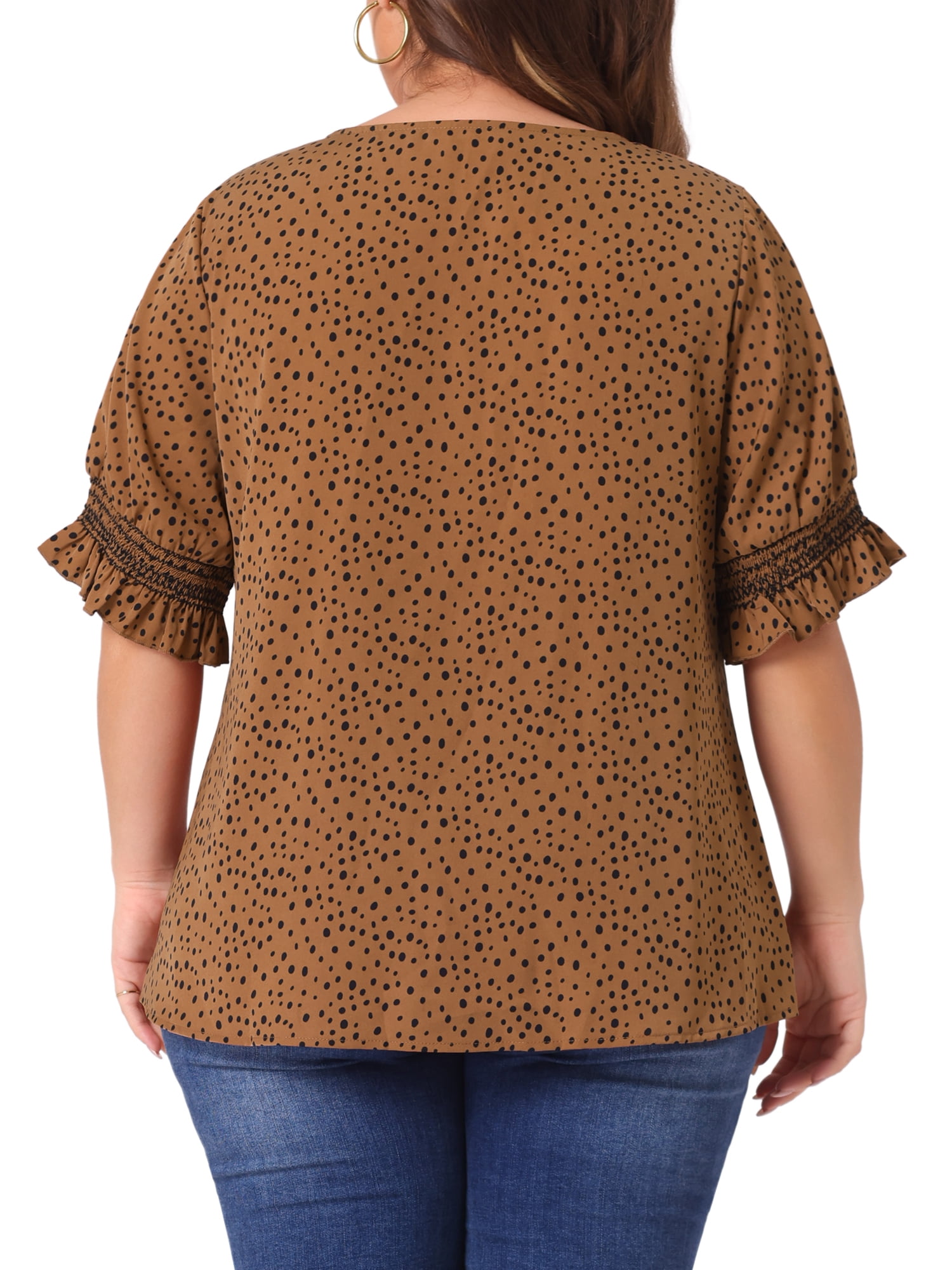 Unique Bargains Women's Plus Size Dots Heart Smocked Short Sleeve Blouse 4X Brown