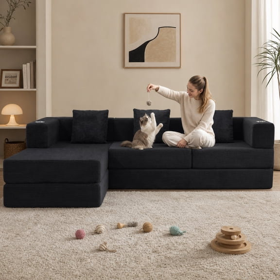 Timbernest 108" Modular Sectional Sofa with L-Shape Chaise, Boneless Cloud Couch with Cup Holders and Side Pockets, Corduroy Black