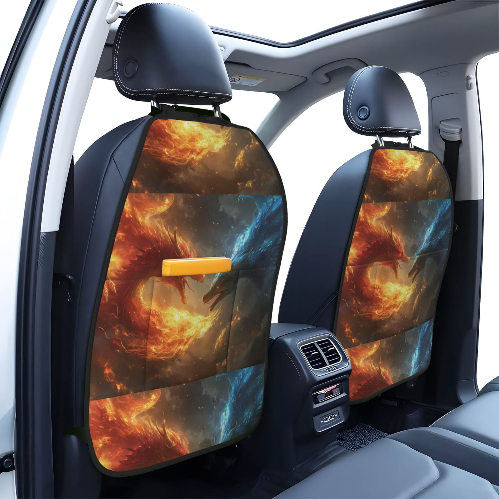 Xecao Red And Blue Fire Dragon B Pattern Car Seat Back Protector 2 Pack Large Capacity Pocket, Kick Mats Back Seat Protector