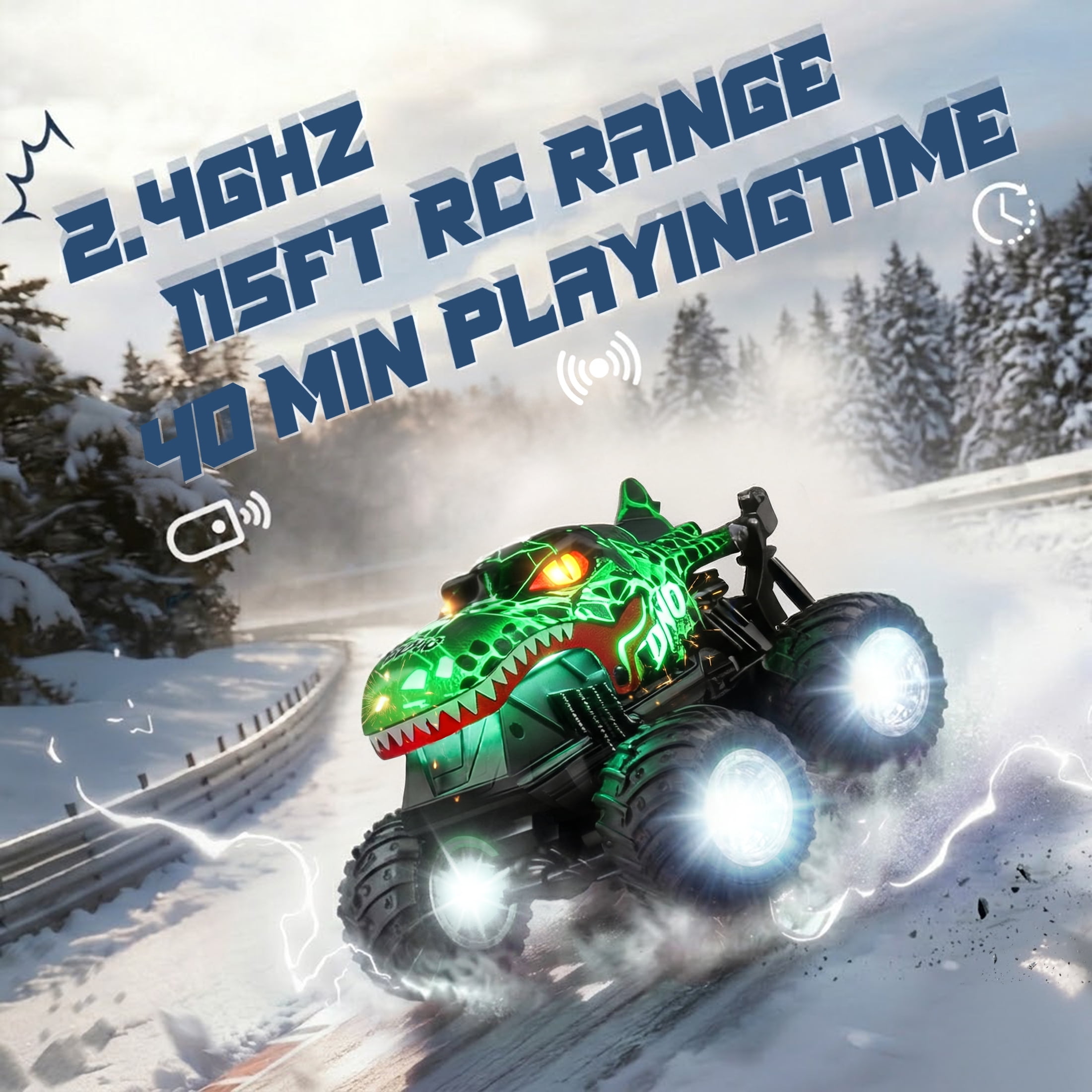 YCFUN RC Monster Truck Toy with 360° Spins, Music and LED Car Shell & Wheels, Dinosaur Toy RC Car for Kids Boys Ages 3+ (Green)