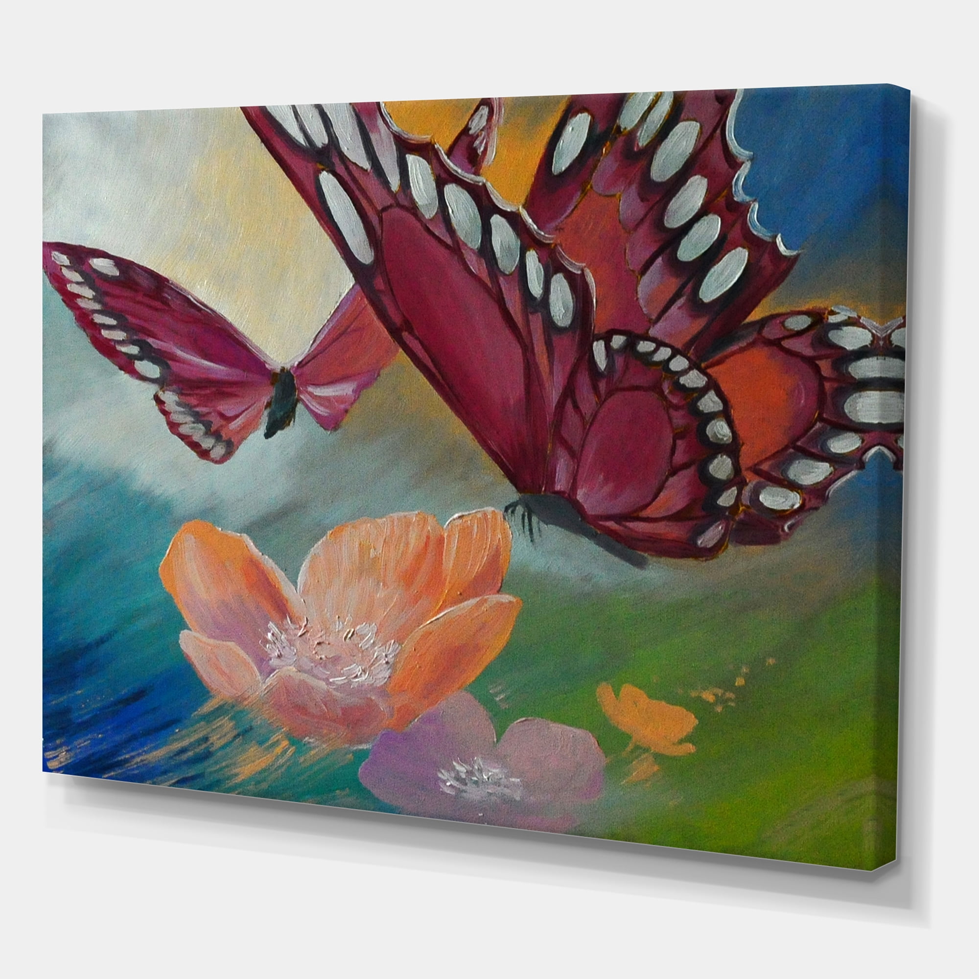 Designart ' Butterflies On Pink Flowers ' Traditional Canvas Wall Art Print