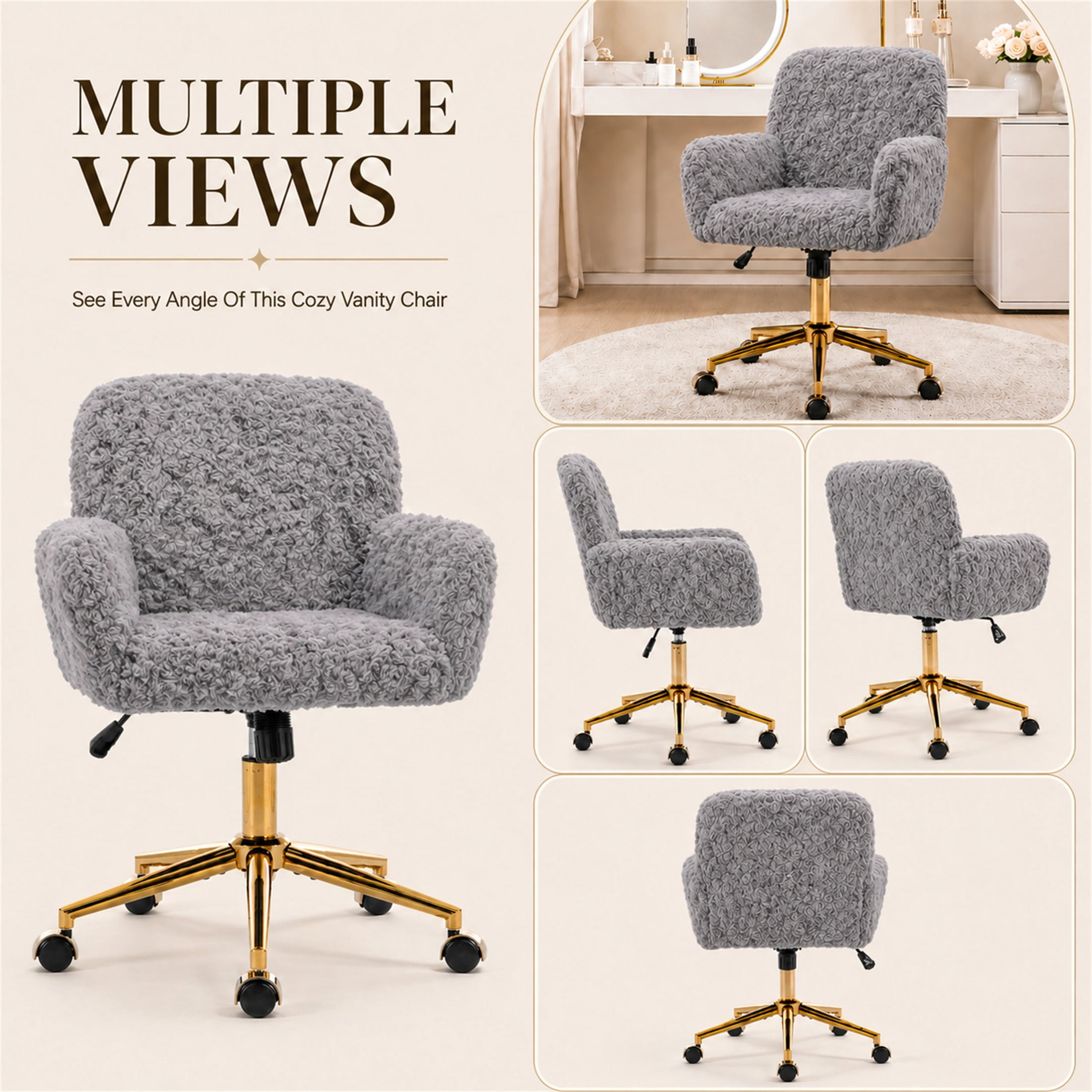 SESSLIFE Vanity Chair, Height Adjustable Velvet Makeup Chair, Comfy Home Desk Chiar with Gold Legs, 360° Swivel Office Chair for Bedroom, Gray