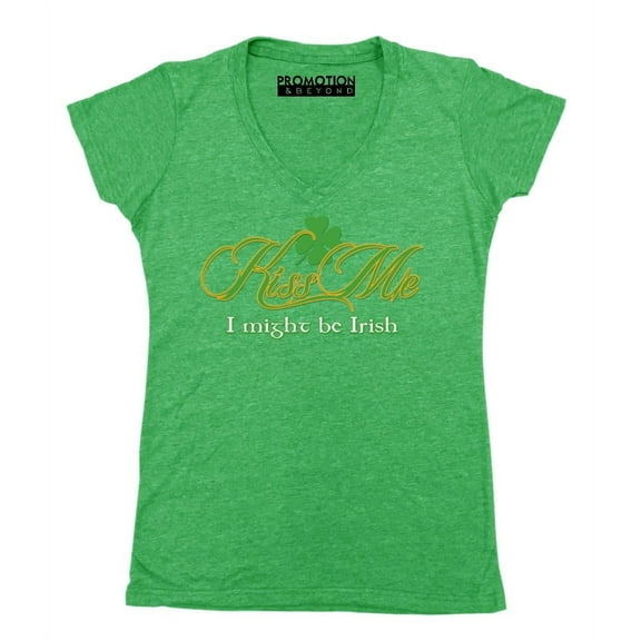 P&B Kiss Me I Might Be Irish Women's V-neck, XL, Heather Green