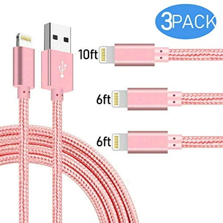 Extra Long Phone Charger [3-Pack 6FT 6FT 10FT] Nylon Braided USB Charge & Sync Cable Cord Compatible with iPhone X Case/8/8 Plus/7/7 Plus/6/6s Plus/5s/5,iPad Mini Case – Pink