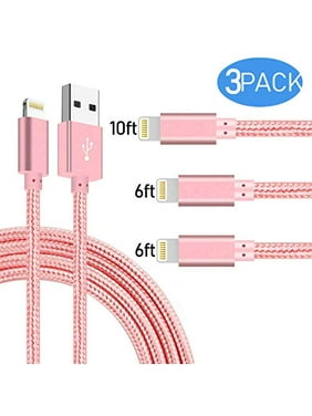 Extra Long Phone Charger [3-Pack 6FT 6FT 10FT] Nylon Braided USB Charge & Sync Cable Cord Compatible with iPhone X Case/8/8 Plus/7/7 Plus/6/6s Plus/5s/5,iPad Mini Case - Pink