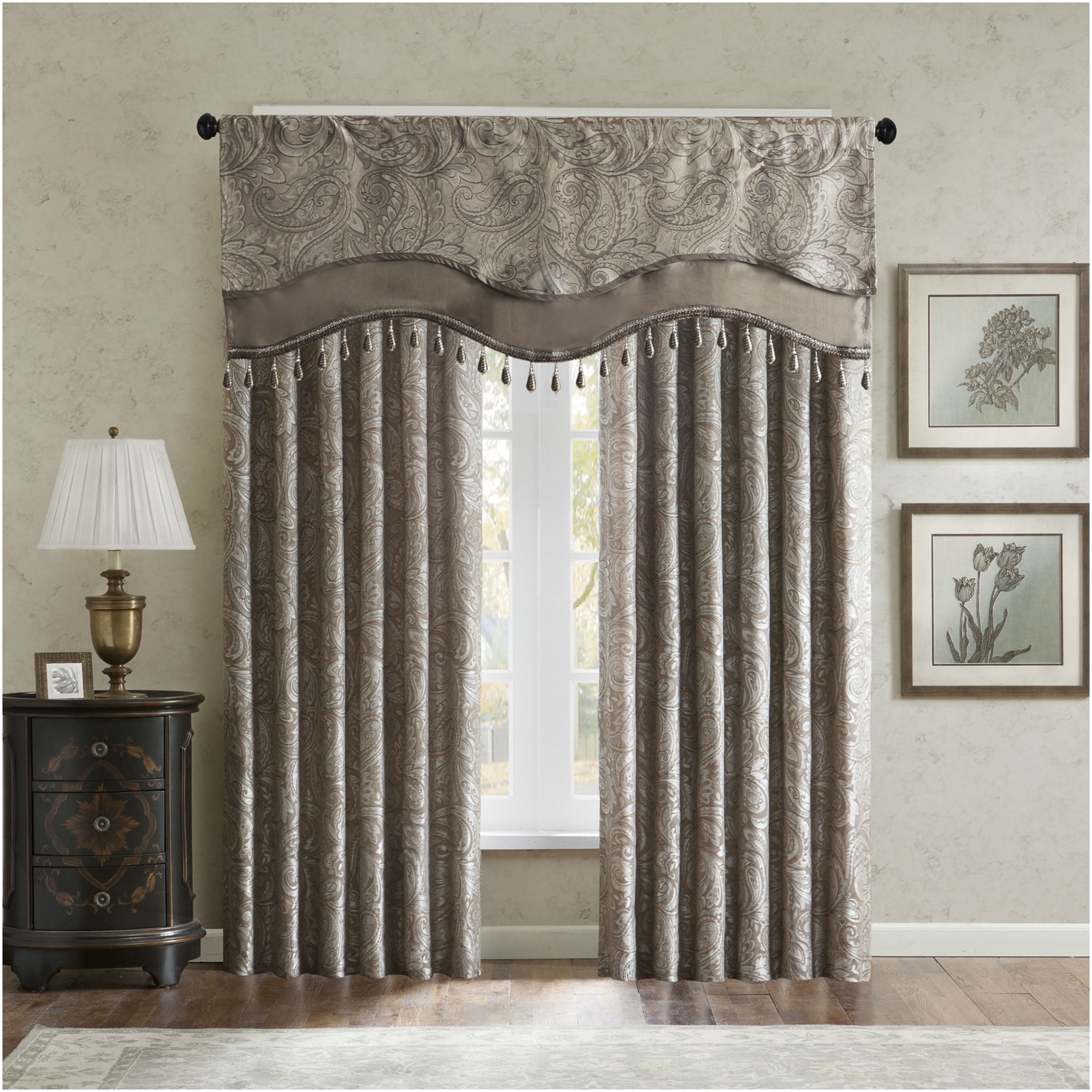 JERFIT Blue Brown Jacquard Valance with Beaded Trim, Paisley Window Curtain Valance, Rod Pocket Treatment for Kitchen Living Room, 50 x 18 Inch