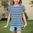 thumbnail image 2 of SROBPTY Kids Girls 4-15 Years Short Sleeve Round Neck Striped Print Puff Sleeve Ruffle Casual Tshirt Top Dark Blue, 6-7 Years, 2 of 5