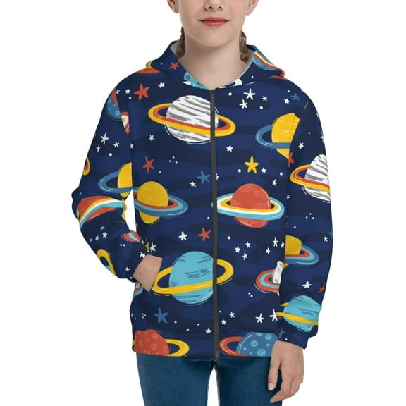 Naloa Planets and Stars Teenage Zipper Hoodie, Long Sleeve Zip Up Hoodies Casual Jackets Tops for 7-12 Years-Small