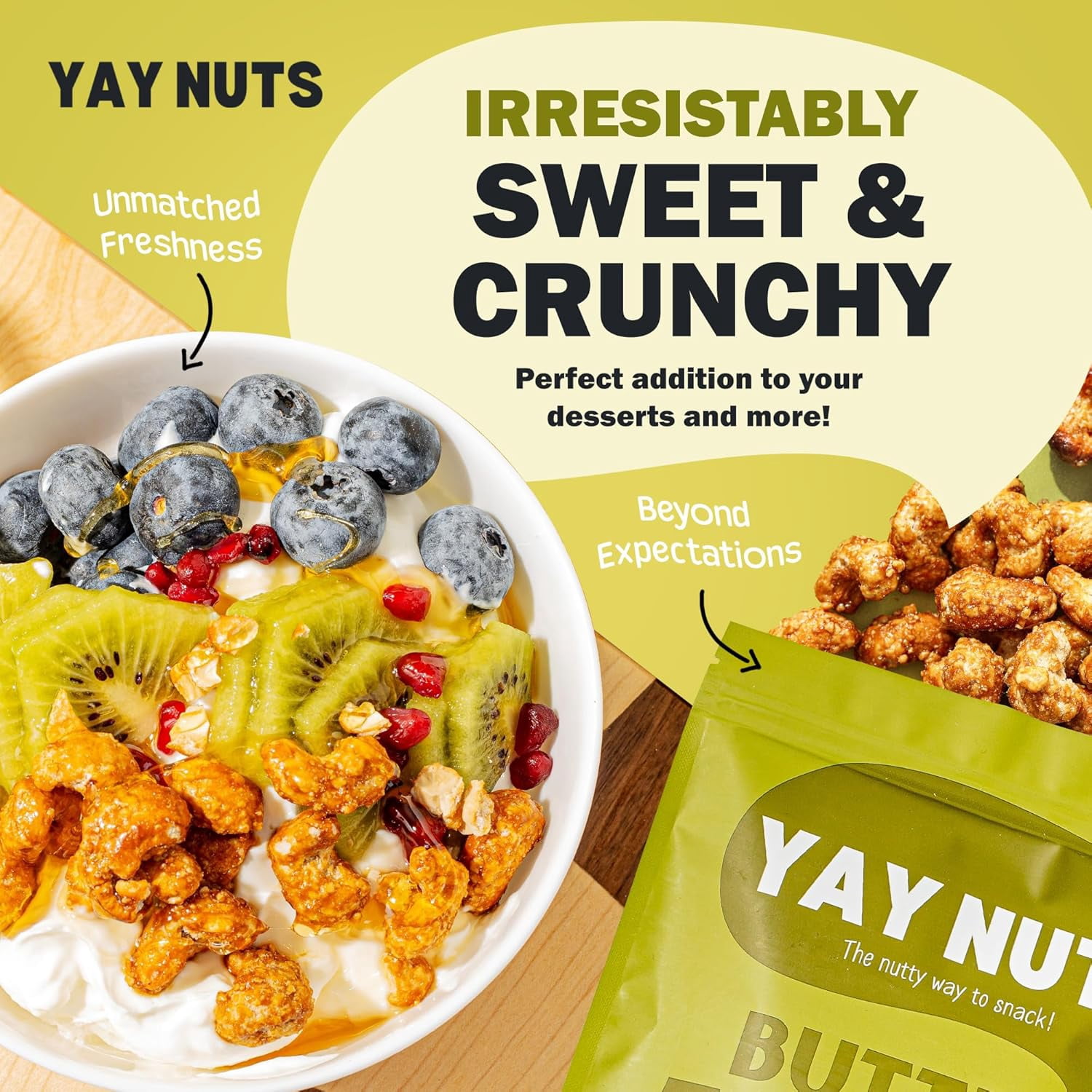 Yay Nuts Butter Toffee Cashews, Sweet and Crunchy Gourmet Snack, 1 lb Resealable Bag