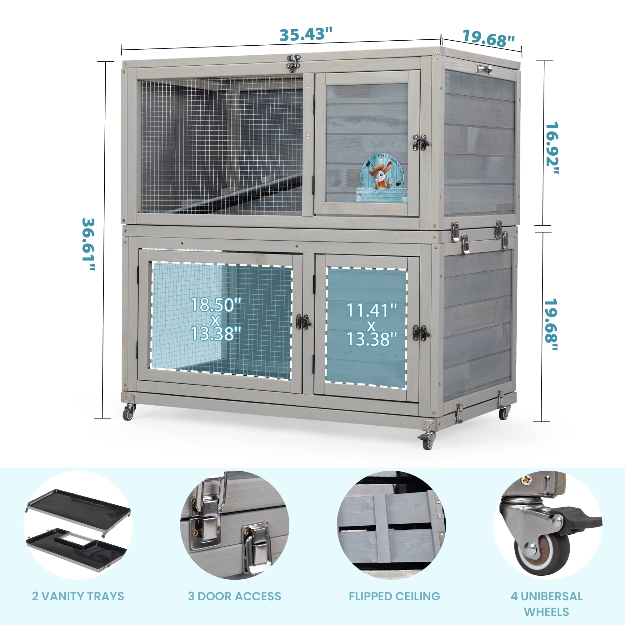 Pefilos 36" Wooden 2-Tier Rabbit Hutch, Outdoor Bunny Cage with Wheels, Small Animal Pet Cage with Ramp, Tray, 2 Doors, Openable Top, Lockable, Gray