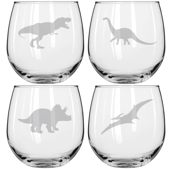 Set of 4 Wine Glass for Red or White Wine Gift Dinosaur Collection (16 oz Stemless)