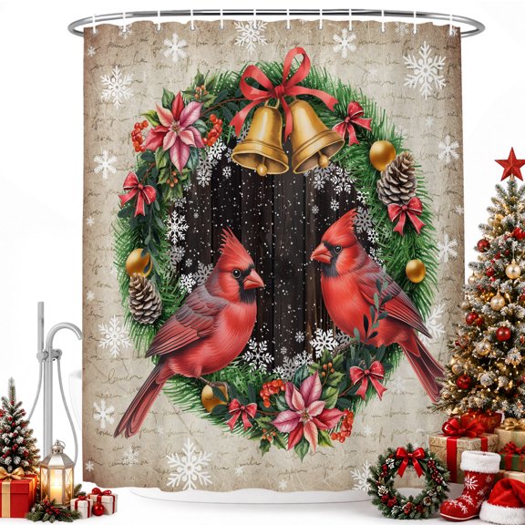 Winter Christmas Red Bird Wreath Shower Curtain for Bathroom, Snowflake Retro Letter Back Waterproof Shower Curtains Washable Quick Dry with Hooks Bathtub Curtains 36x72IN