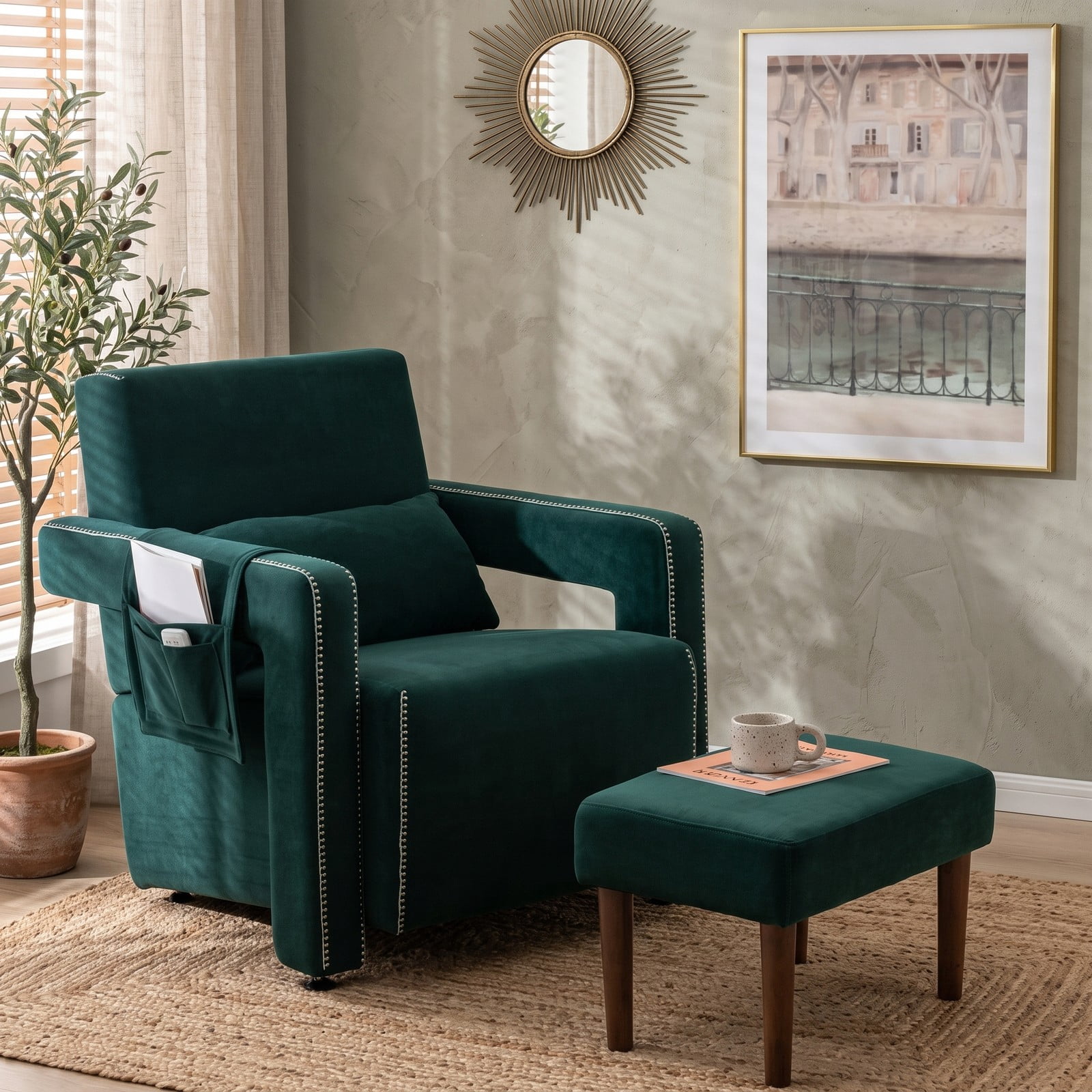 Furnibear Modern Berber Fleece Accent Chair with Ottoman and Waist Pillow, Upholstered Single Sofa Chair with Side Storage Bag for Living Room Bedroom, Green
