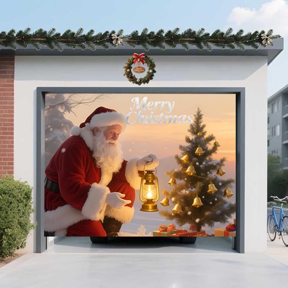 Décorations de Noël Extérieures Bannière de Porte de Garage Mettant en Vedette le Père Noël, Sapin de Noël et Boîtes-Cadeaux 8 Pi x 7 Pi Housse de Fête Imperméable Réutilisable en Polyester