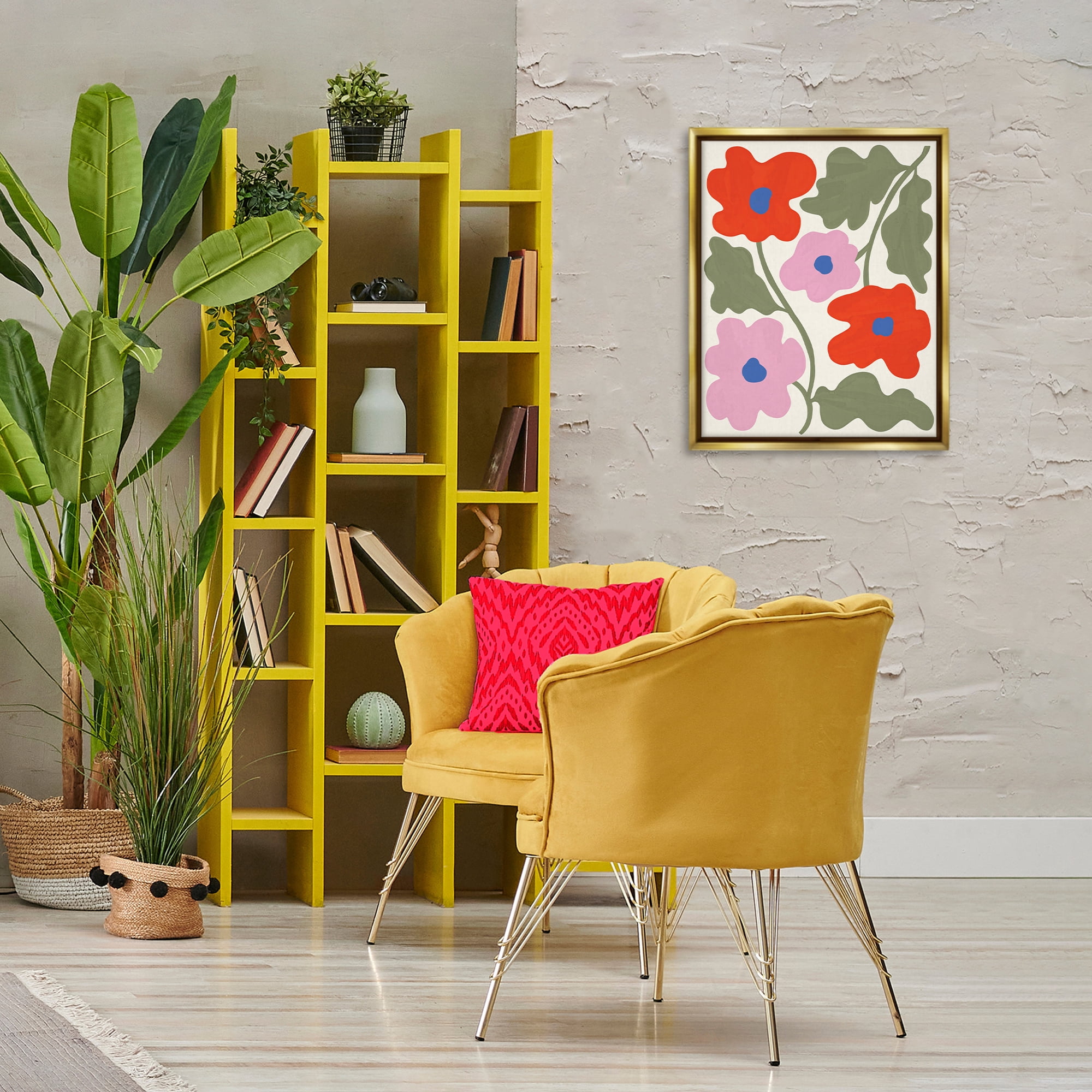 Stupell Industries Red & Pink Bold Flowers Plants & Flowers Painting Gold Floater Framed Canvas Art Print Wall Art, 17 x 21