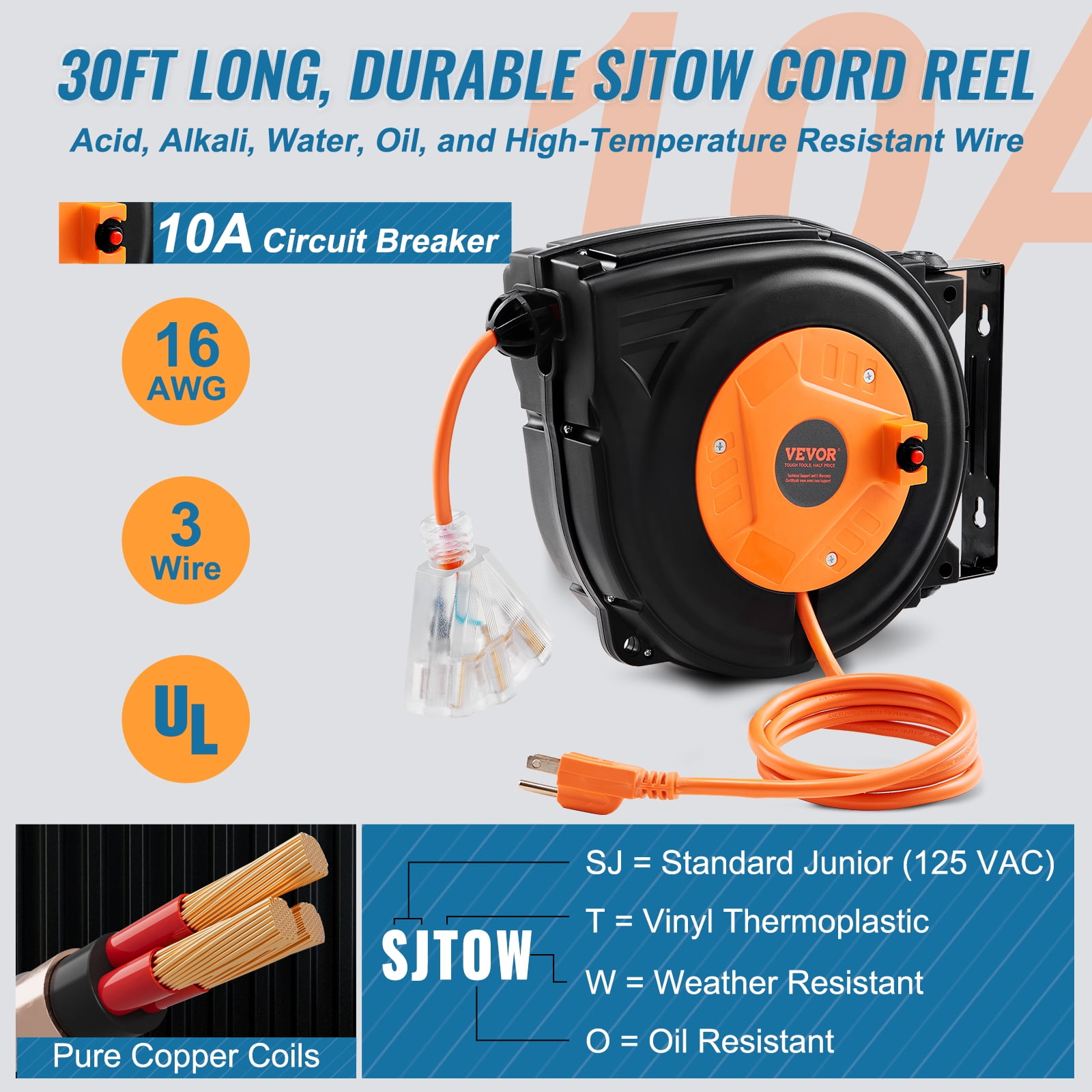 VEVOR Retractable Extension Cord Reel, 30 FT, Heavy Duty 16AWG/3C SJTOW Power Cord, with Lighted Triple Tap Outlet 10 Amp Circuit Breaker, for Ceiling or Wall Mount Garage and Shop, ETL Listed