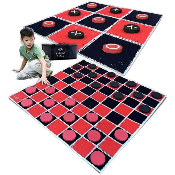 Swooc Games® - 2-in-1 Vintage Giant Checkers & Tic Tac Toe Game W/ Mat (4ft x 4ft) - 100% Machine-Washable Canvas - Giant Outdoor Games For Kids - Giant Lawn Games - Yard Games For Kids - Giant Games