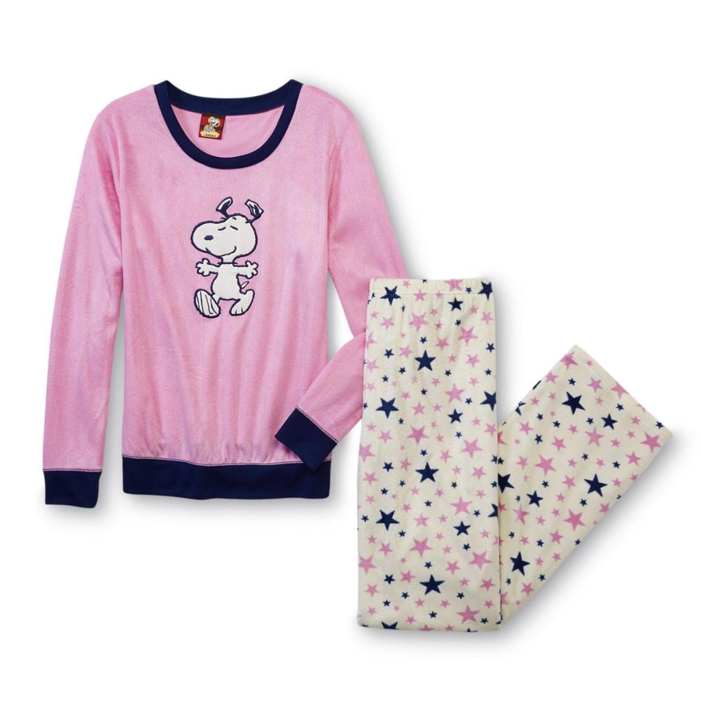 Peanuts Womens Snoopy Pajamas Pink Star Print Fleece Sleep Set Lounge