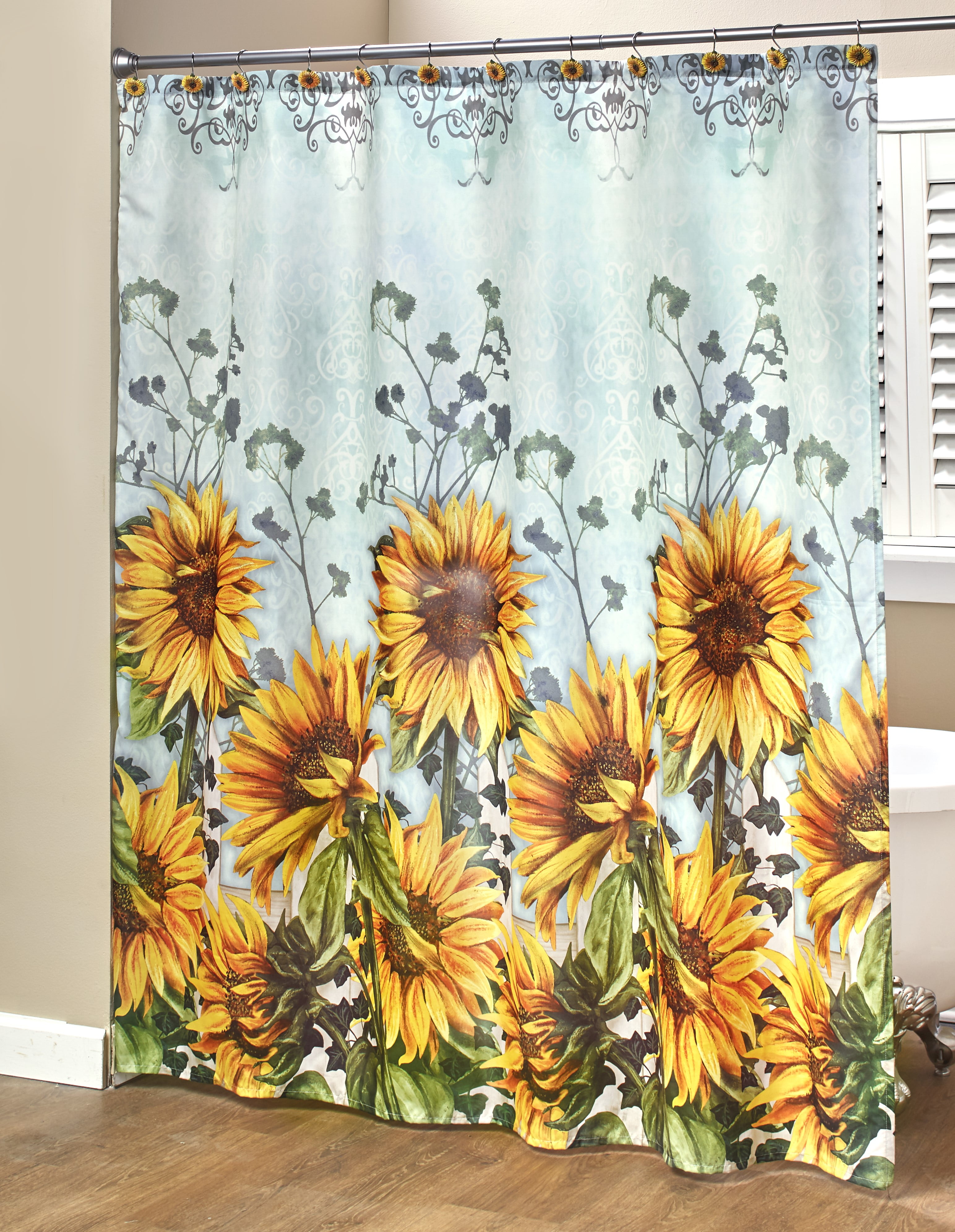 Bathroom Shower Curtain Sunflower on vintage wood Waterproof Fabric & Hooks 71" 