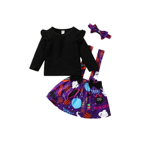 

Toddler Baby Girls Halloween Clothing Sets Long Sleeves T-Shirt+ Cartoon Ghost Suspenders Skirt+ Headband Outfits