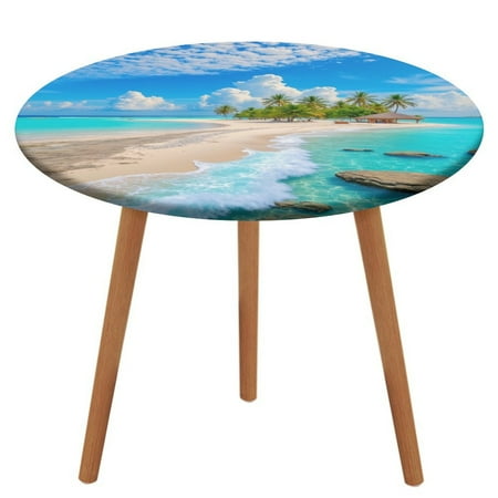 

Tropical Island Paradise Round Fitted Tablecloth Elastic Table Cover Waterproof Dining for Indoor Outdoor Decor Table Cloth M-45 -50