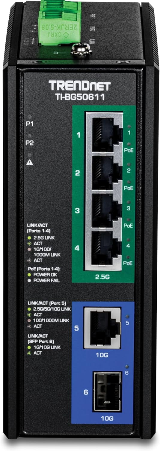 TRENDnet TI-BG50611,6-Port Industrial 2.5G PoE++ DIN-Rail Switch with 10G Ports