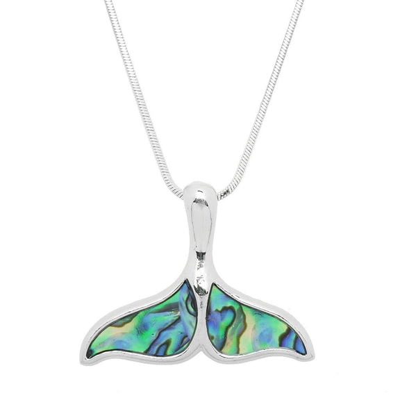 Whale Tail Pendant Necklace Abalone Shell Rhodium Plated 17 Inch Snake Chain J0704