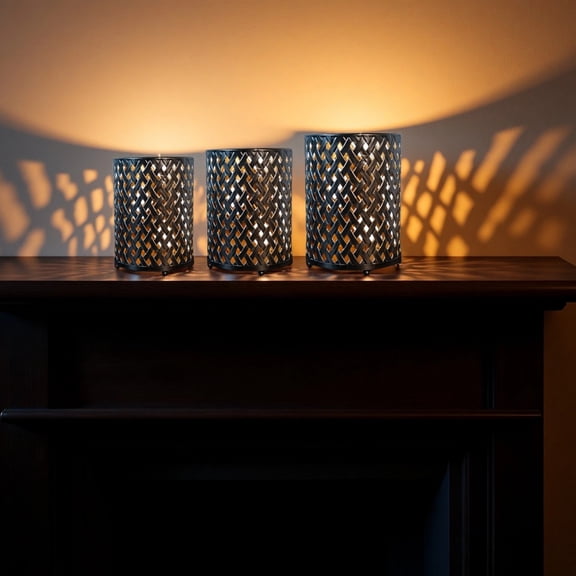 Rustic Farmhouse Candle Holder Set 3 Pcs, Vintage Iron Tealight Holders with Black Lattice Design, Decorative Votive Centerpiece for Mantle Table Decor