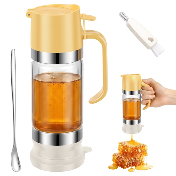 Glass Honey Dispenser with Handle and Holder, 10oz Drip-Proof Syrup Dispenser Jar with Press Lever, Coffee Bar and Pancake Container