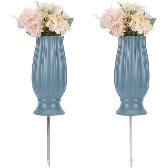 2 Sets Cemetery Vases with Spikes and Drainage Holes Steel Blue Color Plastic Cemetery Vase 9.8inch High Cemetery Cone Flower Holder