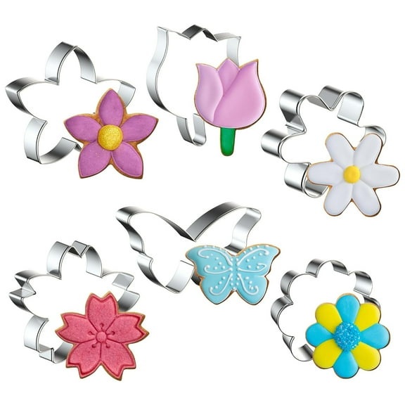6PCS Flower Cookie Cutter Set, 3 Inches Flower Shaped Cookie Cutter-Daisy, Tulip, 3 Shaped of Flowers, Butterfly, Stainless Steel Cookie Cutters, Baking Tool for Homemaking Cookie