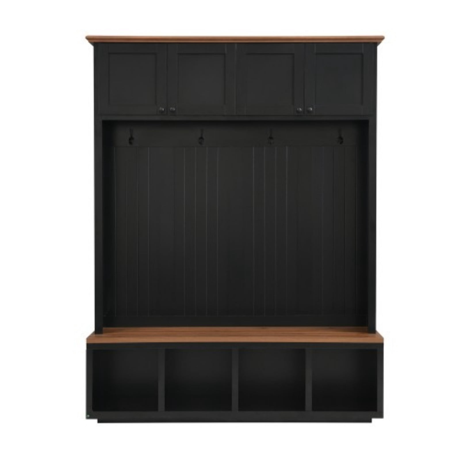 59" Farmhouse Entryway Hall Tree with Bench, 4-in-1 Coat Rack Shoe Storage with 4 Cabinets & Open Compartments, Wood-Grain Hall Tree Organizer with Hooks for Hallway Entryway, Black