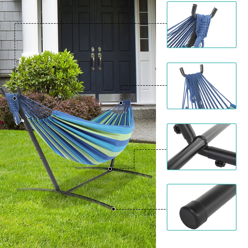Lowestbest 9ft Steel Pipe Hammock Frame with Cotton Hammock, Natural Rope Iron Hammock Set For Garden, Outdoor, Blue Lowestbest 9ft Steel Pipe Hammock Frame with Cotton Hammock, Natural Rope Iron Hammock Set For Garden, Outdoor, Blue