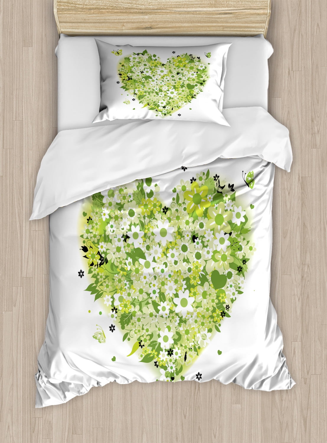 Green Flower Duvet Cover Set Floral Heart Design Summer Elements