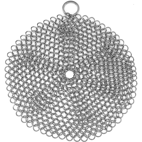 Pekkaxy 316 Stainless Steel Cast Iron Skillet Cleaner Scraper Chain Link Chainmail Scrubber for Cast Iron Pans, Pre-Seasoned Pans, Griddle Pans, BBQ Grills, and More Pot Cookware-Round 7 in Diameter