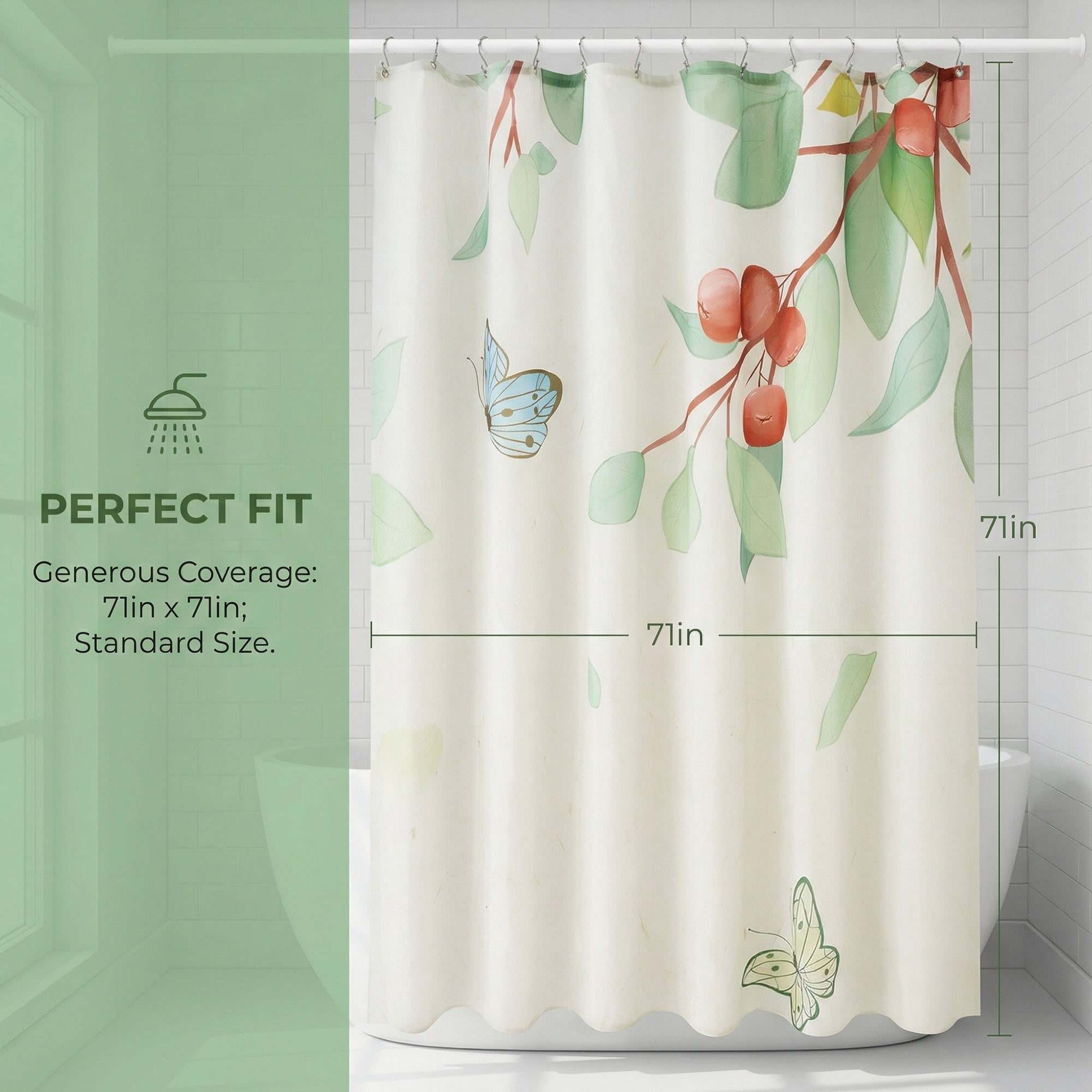 Unique Bargains Cute Print Shower Curtain Sets with Hooks Green Leaves 71"W x 71"L
