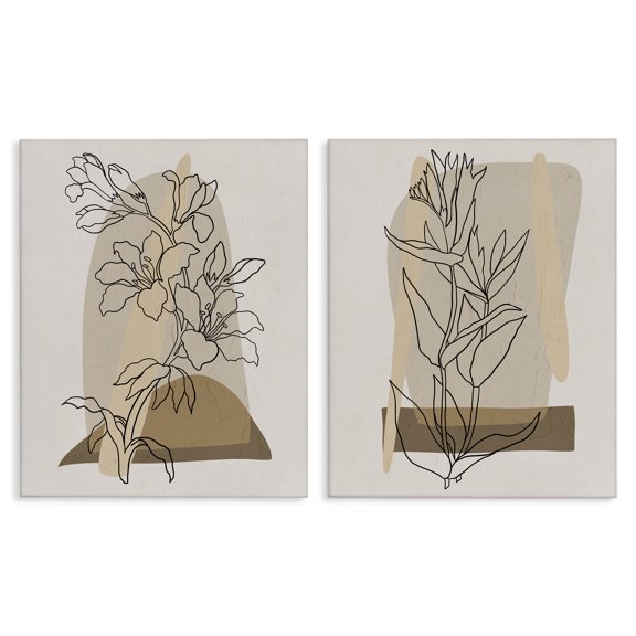 Stupell Industries Natural Flower Outlines Plants & Flowers Painting Wrapped Canvas Art Print Wall Art, 16 x 20, Set of 2