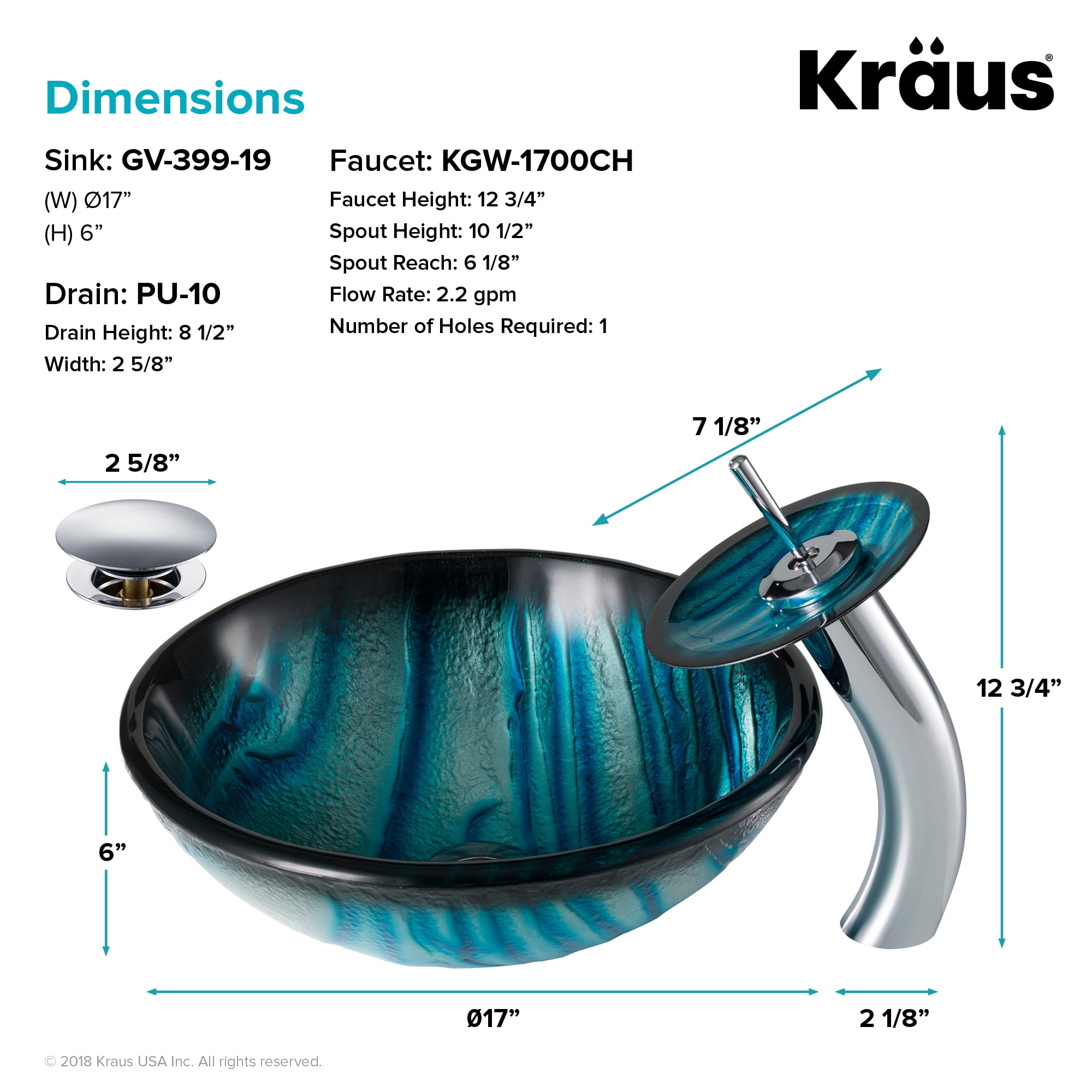 KRAUS Nature Series Blue Glass Bathroom Vessel Sink and Waterfall Faucet Combo Set with Matching Disk and Pop-Up Drain, Chrome Finish