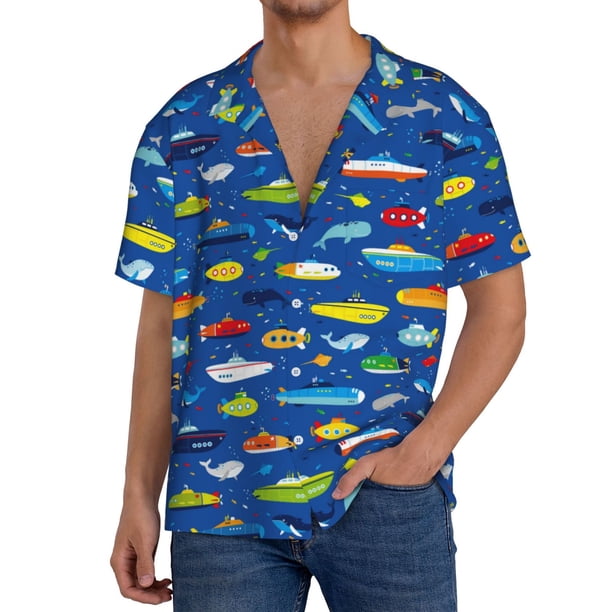 Balery Submarines And Whales Camisa Casual de Manga Corta con Botones para Hombre, Texturizada, Estilo Cubano, para Playa, Verano-X-Large