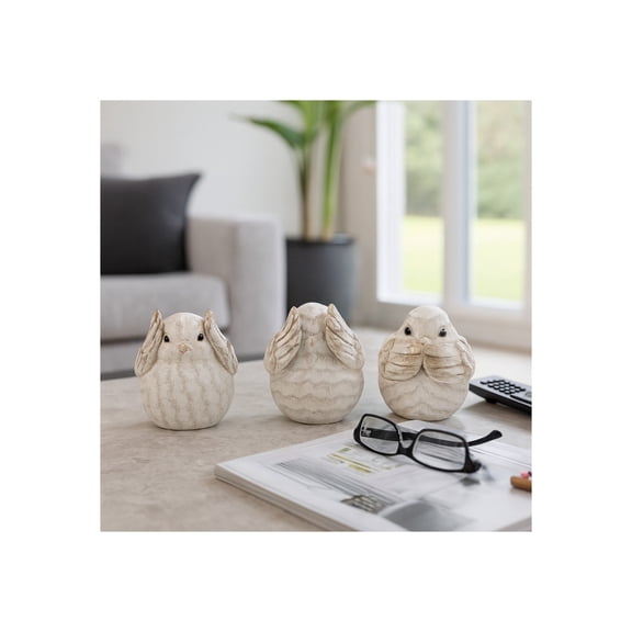 Decorative Resin Bird Object for Home Decor - Sculptural Figurine for Bathroom, Office, and Living Room Accent - Ornaments for Shelf, Desk, or Coffee Table Decor - Set of 3, 5", Ivory & Tan