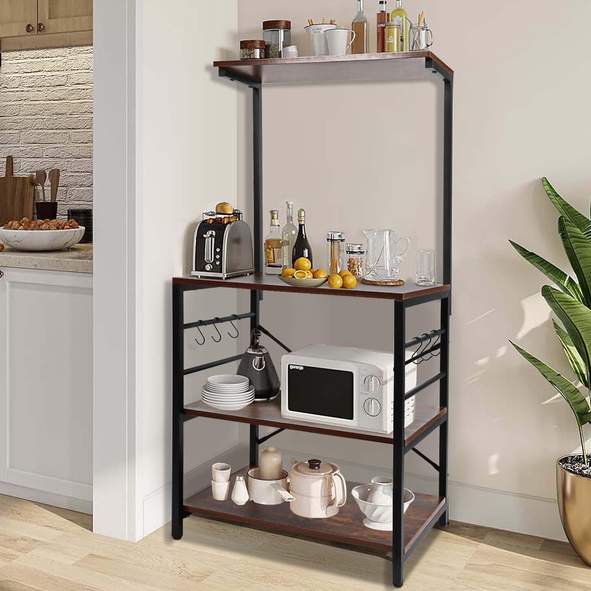 Copedvic Kitchen Bakers Rack Storage Cabinets Microwave Cart Oven Stand Coffee Bar with 6 Hooks 4 Tier Shelves