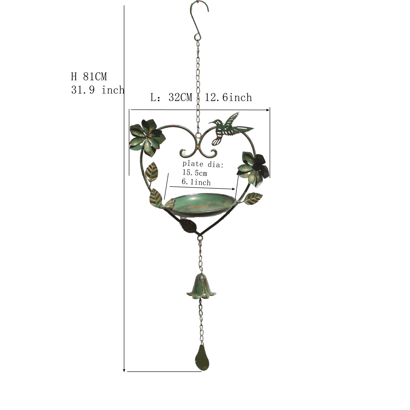 Vintage Iron Heart-Shaped Bird Feeder - Green Metal Feeder with Bells, Rustic Outdoor Decor for Garden, Porch, Patio, Attracts Wild Birds, Cute Bird-Shaped Hanging Ornament, 31.9*12.6in, Green