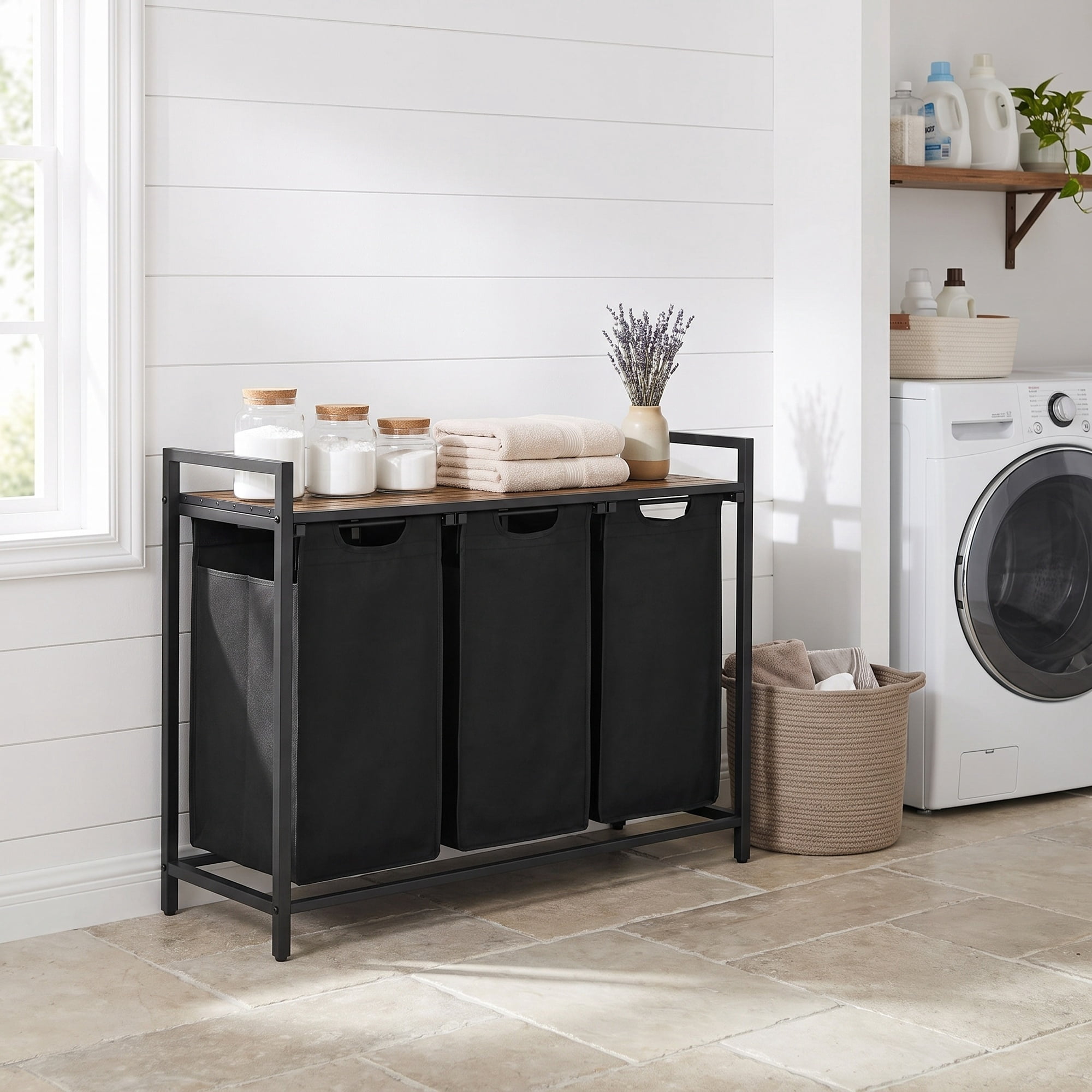Ledrem 3-Compartment Laundry Sorter with Removable Bags for Home Organization, Ink Black/Rustic Brown