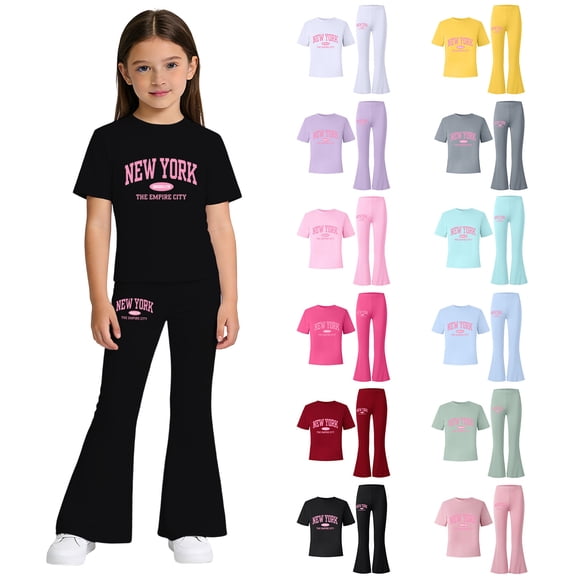 Gaexia Girls Two Piece Outfits,Girls Summer Casual Outfit Letter Print Short Sleeve Top With Flare Leg Pants Fashion Toddler Two Piece Set Fashion Clothes,7-8 Years