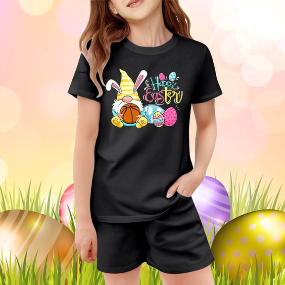Easter Outfit Set 2 Piece for Girls Bunny Print Short Sleeve T-Shirt and Shorts Set Kids Holiday Soft Loungewear Clothes Set Black 3-4 Y