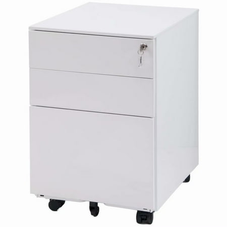 Small File Set 3 Drawer File Cabinet, File Cabinet 3 Drawer Mobile Metal Lockable File Cabinet Under Desk Fully Assembled Except for 5 Castors, White ()