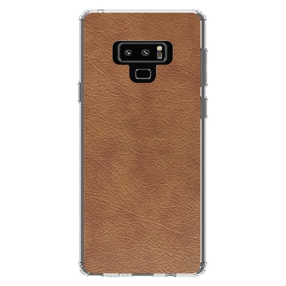DistinctInk Clear Shockproof Hybrid Case for Samsung Galaxy Note 9 - TPU Bumper, Acrylic Back, Tempered Glass Screen Protector - Dark Brown Faux Leather Print Design - Printed Leather Image