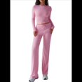 thumbnail image 2 of Conjuntos de 2 Piezas para Mujer, Larga, Cuello Redondo, Pantalones Acampanados de Cintura Alta, Conjuntos de Chándal, Ropa de Calle. Rosa M, 2 of 10