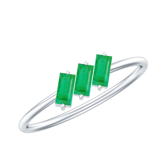 Rosec Jewels Womens 1/4 CT Baguette Cut Emerald Three Stone Ring, Gold Emerald Ring, 3 Stone Emerald Gold Ring, 925 Sterling Silver, US 4.00
